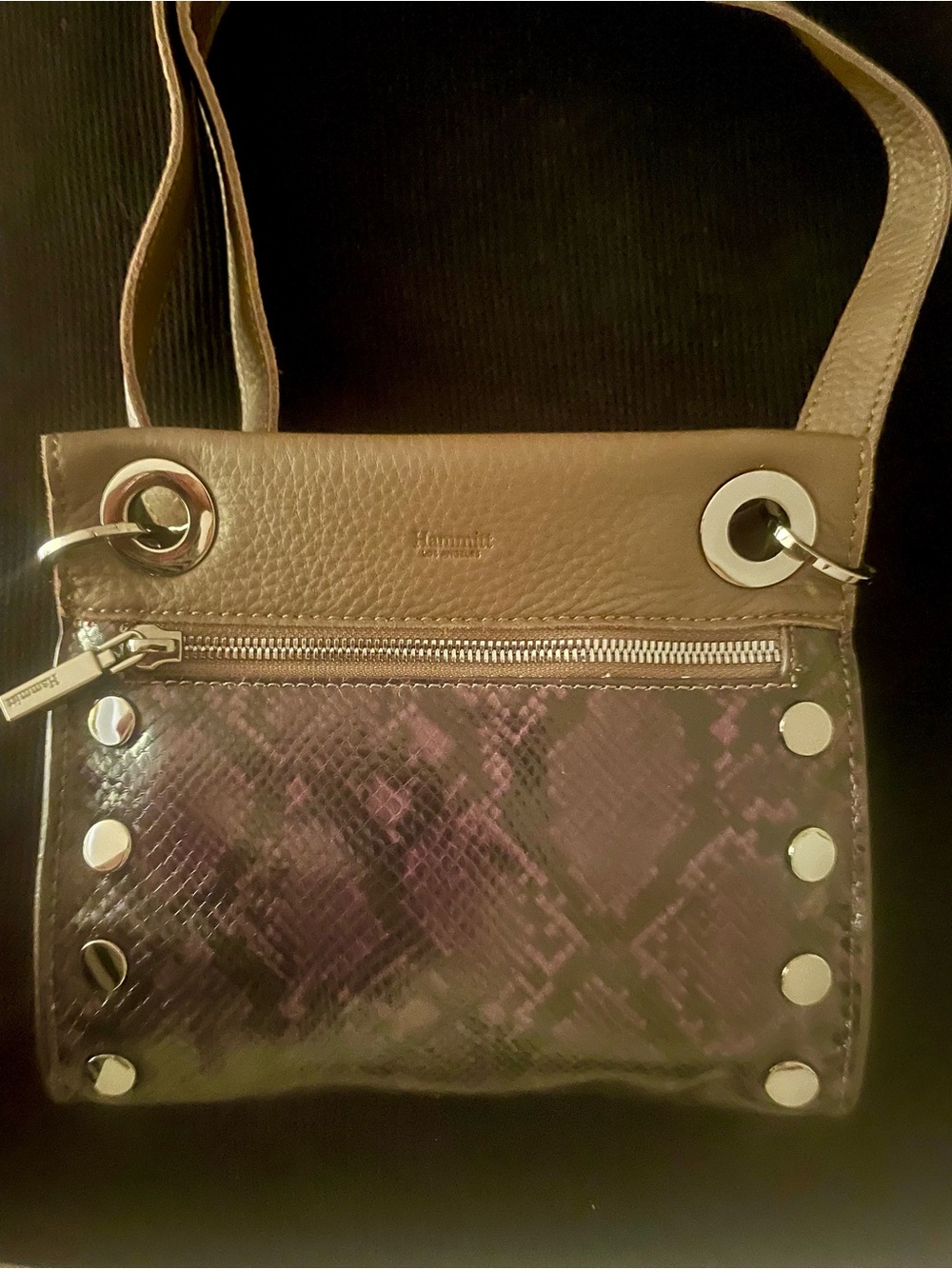 Hammitt Taupe and Snake Print Brush Silver Italian Leather Shoulder Bag NWT
